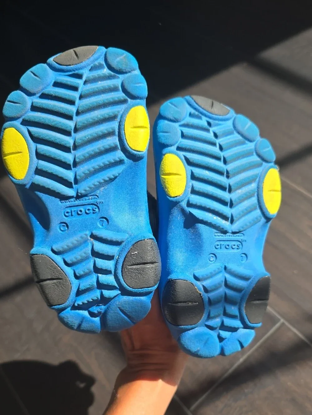 CROCS Blue Clog Sandals with Yellow Heel Strap